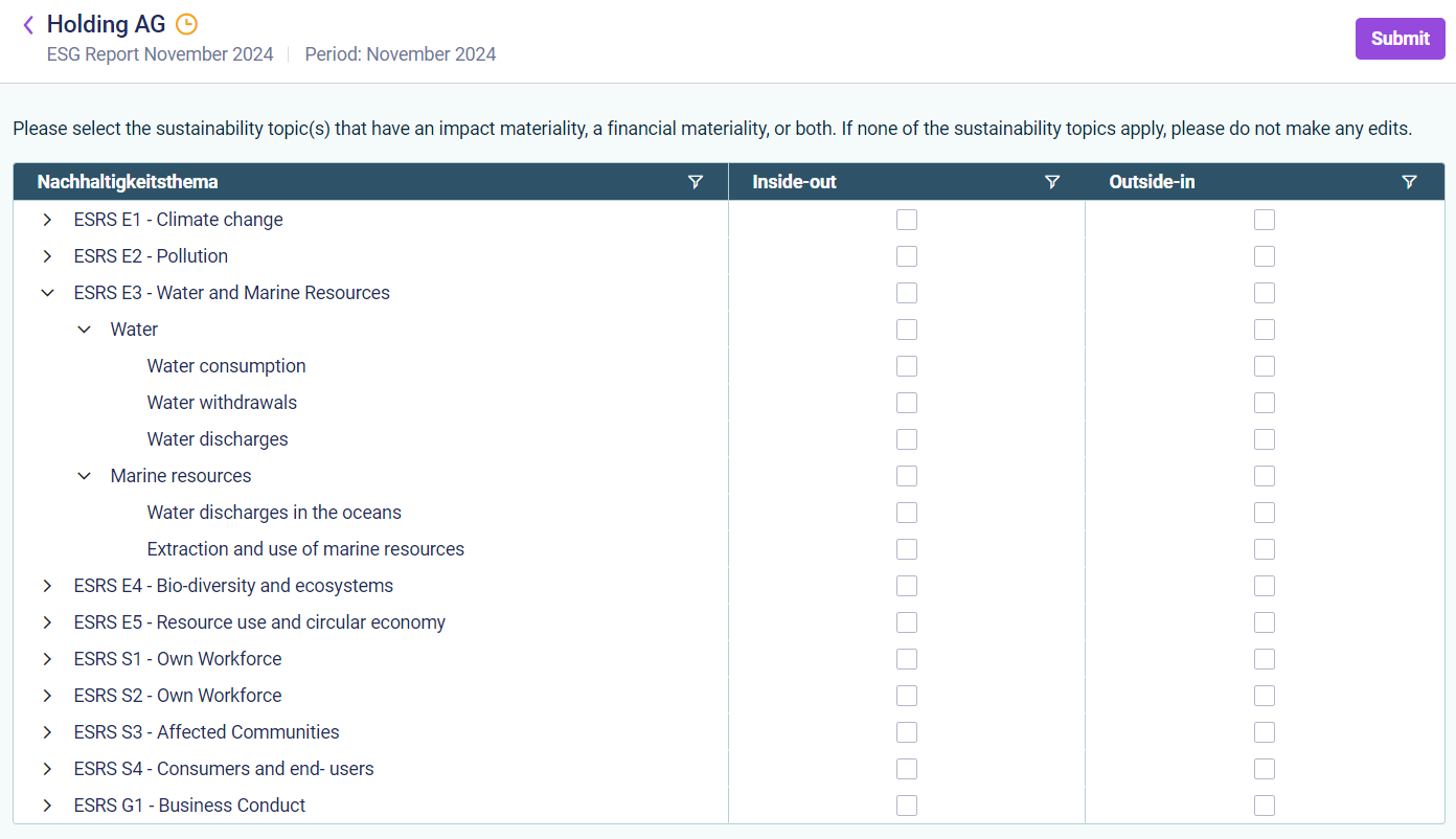 A double materiality assessment report is displayed.