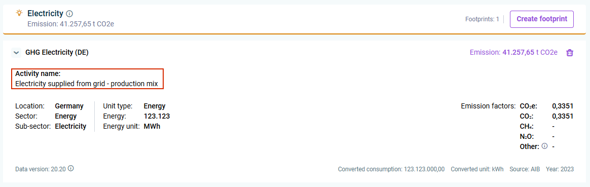 A footprint is displayed. The activity name is highlighted in red.