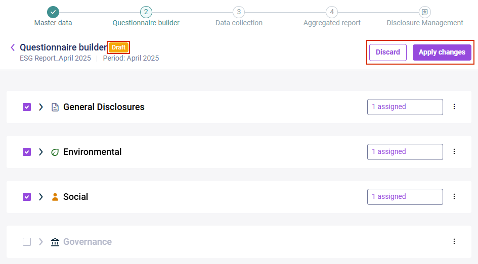 The questionnaire builder is displayed. The 'Draft' label and the buttons to apply or discard changes are highlighted in red.