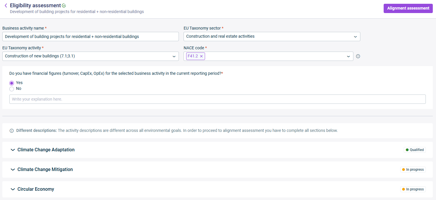 The user interface for Assessing a business activity for taxonomy eligibility is displayed.