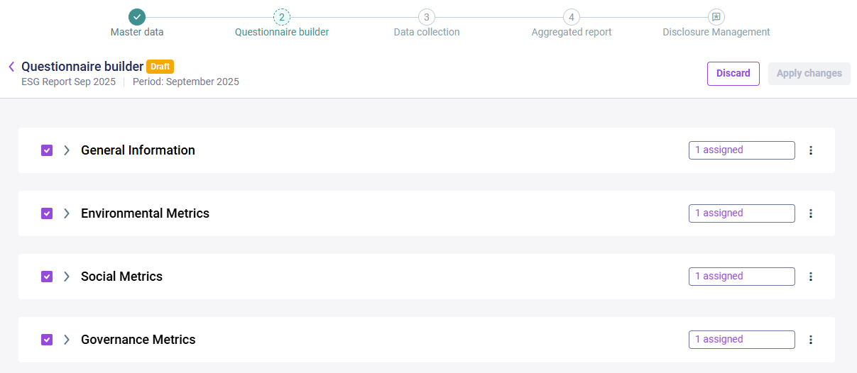 The questionnaire builder with the VSME setup is displayed.