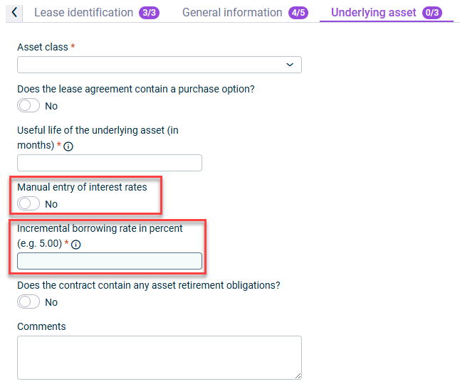 Shows the option to manually enter interest rates in the menu for contract component creation