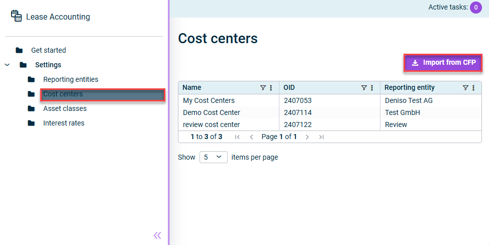 Shows the Cist centers workspace. Highlighted is the name of the workspace and the button to import Cost centers from CFP. The tabel shows three cost centers already imported.
