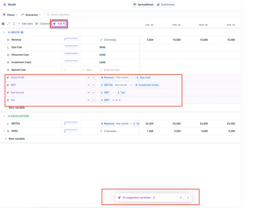 Shows the spreadsheet of a model. Highlighted is the option 'Ask AI', four varaibles that have been suggested by the AI and on the bottom the option to accept all AI-suggested variables.