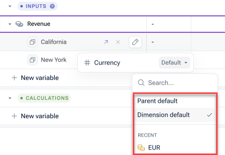 Shows the currency menu of a dimension item in a variable in a model. Highlighted is the dropdown that appears when you click on the pen icon.