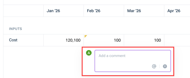 Shows some cells of a table. Highlighted in red is the comment field that appears when you click the yellow comment icon.