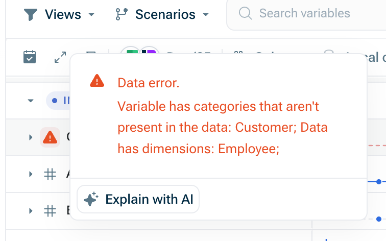 Shows an error message (Data error' and an explanation given with the new AI function 'Explain with AI'