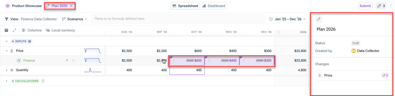 Shows a proposal view of a model. Higjlighted is the name of the proposal on the top left, the three proposal items with the changes highlighted and the proposal summary on the right.
