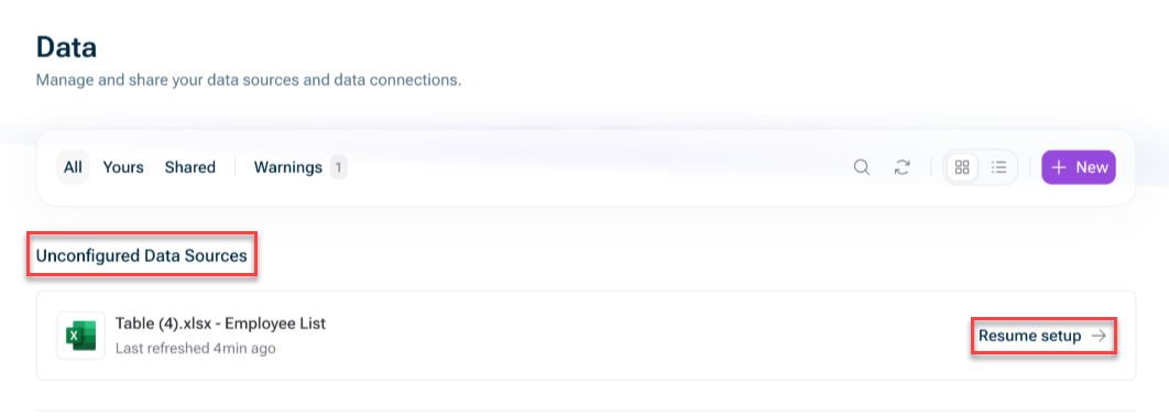 Shows the Data workspace. Highlighted is the section 'Unconfigured data sources' and the option 'Resume setup'