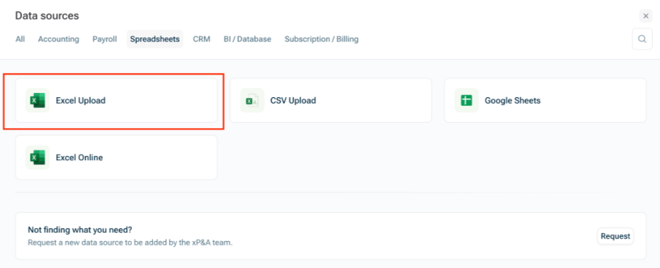 Shows the dialog to create a new data source. Highlighted is the option 'Excel Upload'