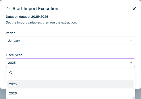 'Start Import Execution' dialog with the variables 'Period' and 'Fiscal year' and the open drop-down list of the fiscal year values
