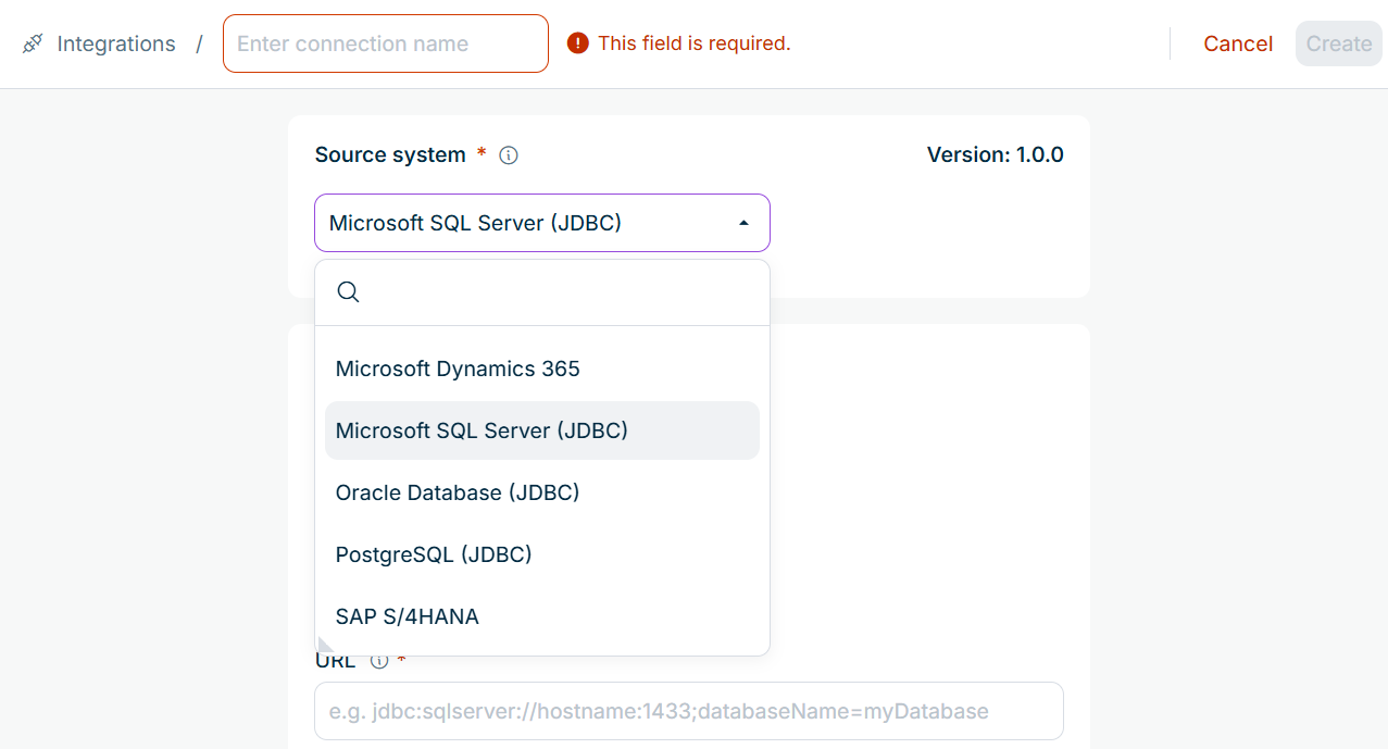 The connection form with the connection name field and the open 'Source system' drop-down list