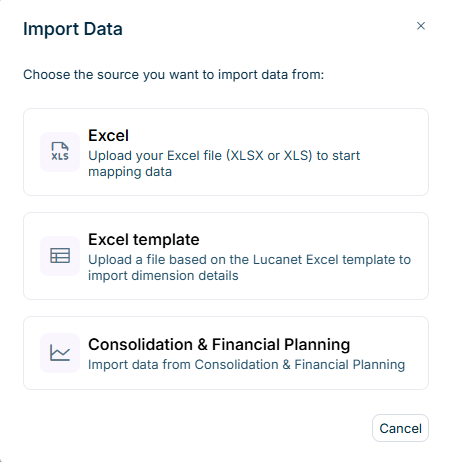 Shows the 'Import Data' dialog of a form in Lucanet Data Collection with the sources 'Excel', 'Excel template', and 'Consolidation & Financial Planning'. The 'Excel template' option has the description 'Upload a file based on the Lucanet Excel template to import dimension details'.
