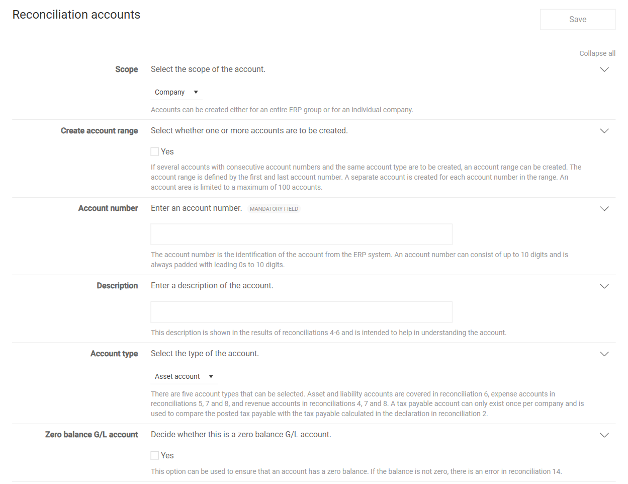 Shows the page for creating a reconciliation account in VAT with the 'Save' button and the fields 'Scope' with the value 'Company', 'Create account range' with the 'Yes' check box, 'Account number' marked as mandatory, 'Description', 'Account type' with the value 'Asset account', and 'Zero balance G/L account' with the 'Yes' check box.