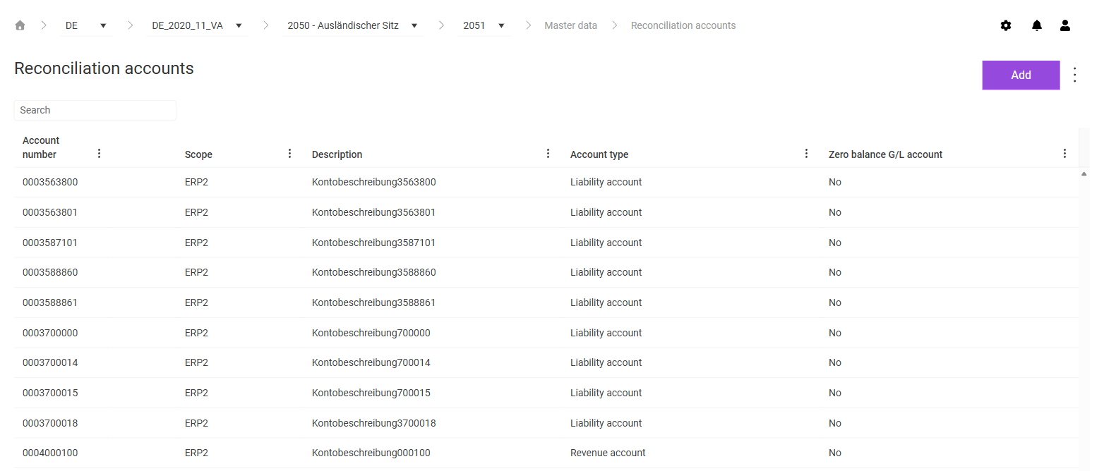 Shows the 'Reconciliation accounts' workspace in VAT for the company '2050 - Ausländischer Sitz' and the company code '2051' with the 'Search' field, the 'Add' button, the three-dot icon, and the columns 'Account number', 'Scope', 'Description', 'Account type', and 'Zero balance G/L account', for example with the account '0003563800' with the scope 'ERP2' and the account type 'Liability account' as well as the account '0004000100' with the account type 'Revenue account'.