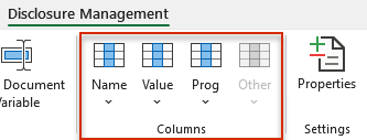 Shows part of the Excel ribbon for Disclosure Management in Office for Desktop. Highlighted in red is the 'Columns' area with the buttons 'Name', 'Value', 'Prog' and 'Other'.