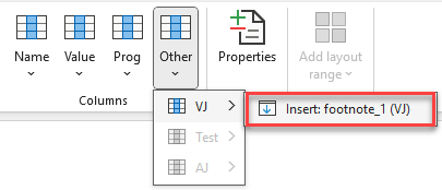 Shows part of the Excel ribbon for Disclosure Management in Office for Desktop with the opened menu of the 'Other' button and the periods 'VJ', 'Test' and 'AJ'. Highlighted in red is the entry 'Insert: footnote_1 (VJ)'.