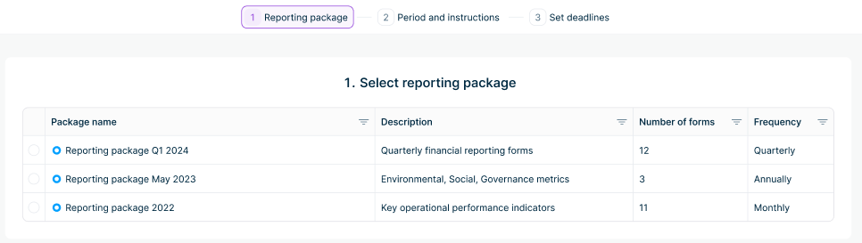 Shows the 'Reporting package' step of the data collection wizard in Data Collection with the '1. Select reporting package' table. The table contains the 'Package name', 'Description', 'Number of forms', and 'Frequency' columns and lists example packages such as 'Reporting package Q1 2024'.