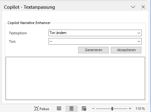 Zeigt das Fenster 'Copilot - Textanpassung' von Disclosure Management in MS Word mit dem Bereich 'Copilot Narrative Enhancer', den Feldern 'Textoption' (Wert 'Ton ändern') und 'Ton' sowie den Schaltflächen 'Generieren' und 'Akzeptieren'.