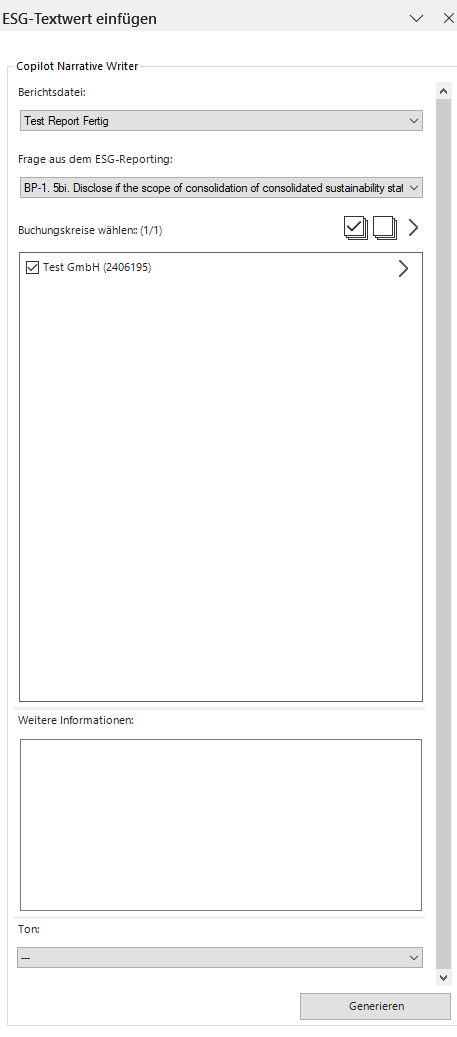 Zeigt das Fenster 'ESG-Textwert einfügen' von Disclosure Management in MS Word mit dem Bereich 'Copilot Narrative Writer', den Feldern 'Berichtsdatei' und 'Frage aus dem ESG-Reporting', der Liste 'Buchungskreise wählen:' mit dem ausgewählten Buchungskreis 'Test GmbH (2406195)', den Feldern 'Weitere Informationen' und 'Ton' sowie der Schaltfläche 'Generieren'.