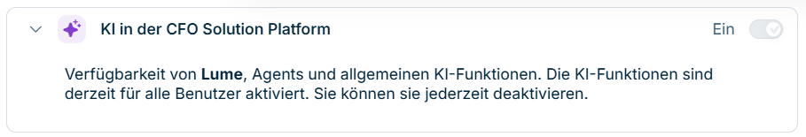 Zeigt die Karte 'KI in der CFO Solution Platform' mit dem Status 'Ein' und dem Schalter für die KI-Funktionen.