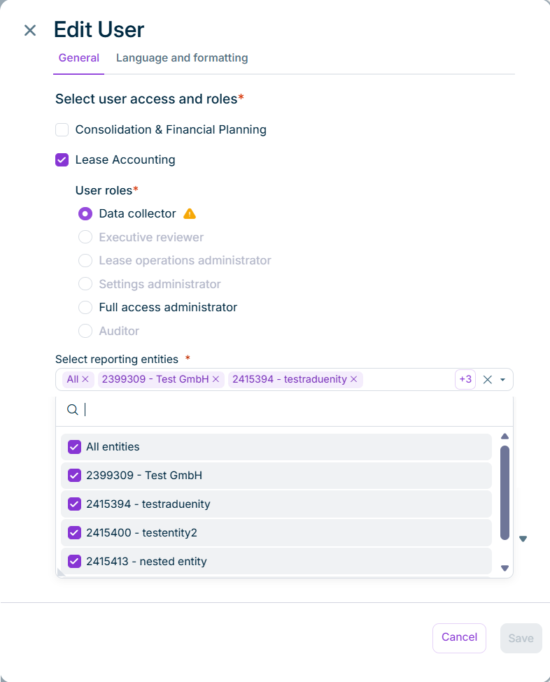 The 'Edit User' side panel with the 'Select reporting entities' option below the user roles and the opened list of reporting entities.
