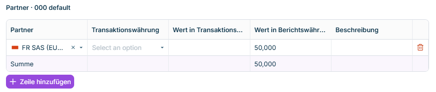 Der Drill-down-Dialog für eine Partnerzeile zeigt die Transaktionstabelle mit einer Zeile pro Transaktion und den Spalten für Partner, Transaktionswährung, Werte und Transaktionsbeschreibung an.