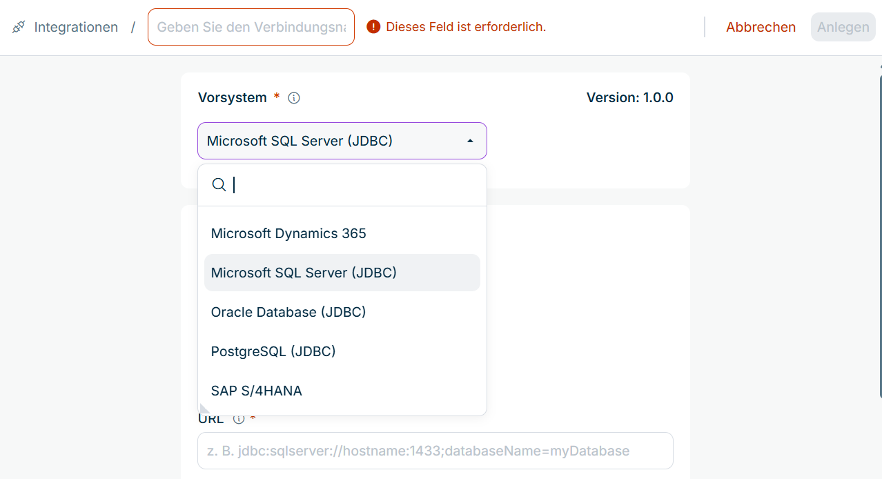 Das Verbindungsformular mit dem Feld für den Verbindungsnamen und der geöffneten Drop-down-Liste „Vorsystem"