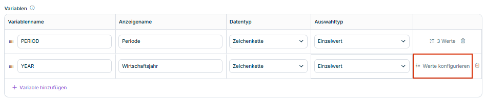 Bereich 'Variablen' mit den Variablen 'PERIOD' und 'YEAR' und den Spalten 'Variablenname', 'Anzeigename', 'Datentyp' und 'Auswahltyp'