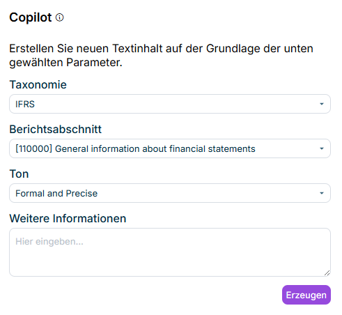 Zeigt das Aufgabenfenster 'Copilot' im Modus 'Textentwurf' mit den Feldern Taxonomie, Berichtsabschnitt, Ton und Weitere Informationen in Office for the Web.
