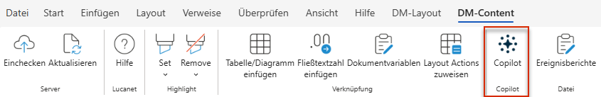 Zeigt den Reiter 'DM-Content' des Word-Ribbons mit der Schaltfläche 'Copilot' im Bereich 'Copilot'.