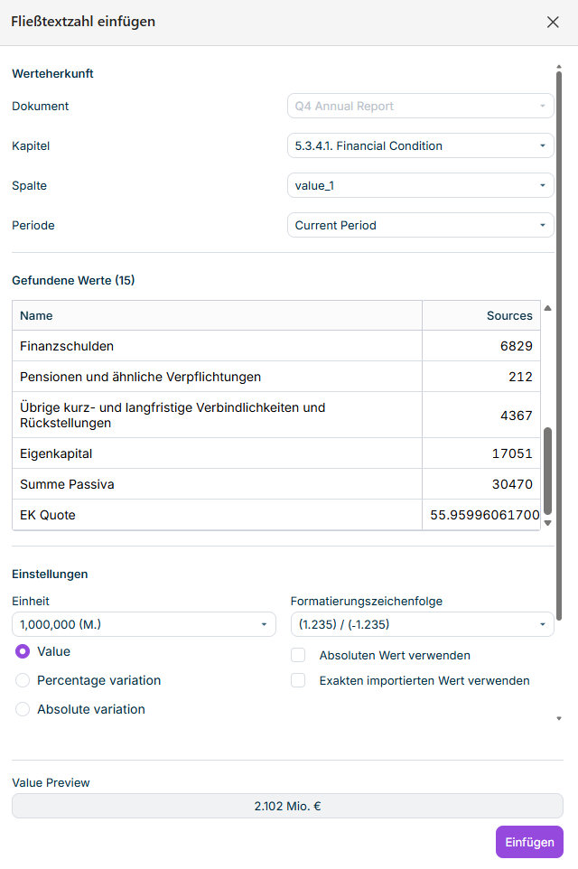 Das Aufgabenfenster 'Fließtextzahl einfügen' in Office for the Web mit Optionen zur Auswahl von Dokument, Kapitel, Spalte und Periode sowie einer Liste der verfügbaren Werte.