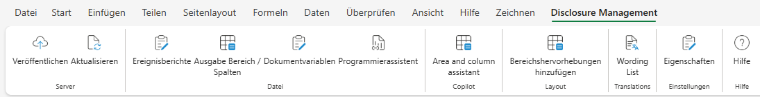 Der Screenshot zeigt das Excel-Ribbon für das Disclosure Management in MS Office for the Web mit den Bereichen 'Server', 'Datei', 'Layout', 'Einstellungen' und 'Hilfe'.