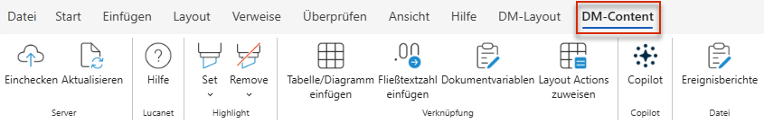 Der Screenshot zeigt den Reiter 'DM-Content' des Word-Ribbons in MS Office for the Web mit den Bereichen 'Server', 'Lucanet', 'Highlight', 'Verknüpfung', 'Copilot' und 'Datei'.