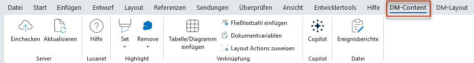 Der Screenshot zeigt den Reiter 'DM-Content' des Word-Ribbons in MS Office Native mit den Bereichen 'Server', 'Lucanet', 'Highlight', 'Verknüpfung', 'Copilot' und 'Datei'.