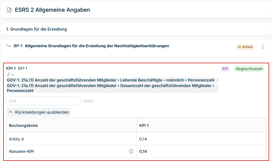 Der aggregierte Bericht mit einem KPI, seiner Formel und der eingeblendeten Tabelle mit einer Zeile je Buchungskreis sowie der Zeile 'Konzern-KPI'.