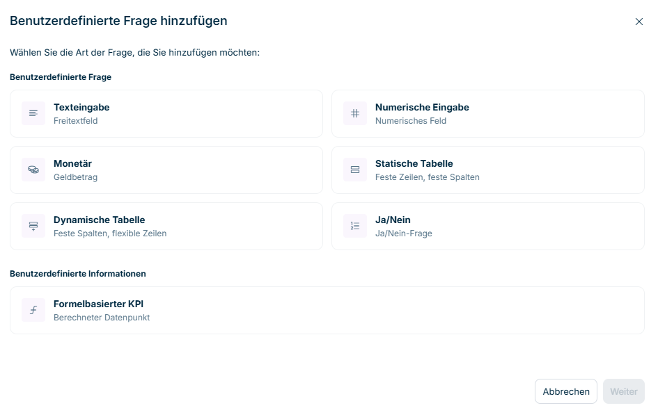 Der Dialog 'Benutzerdefinierte Frage hinzufügen' mit den sechs Fragetyp-Karten im Bereich 'Benutzerdefinierte Frage' und der Karte 'Formelbasierter KPI' im Bereich 'Benutzerdefinierte Informationen'.