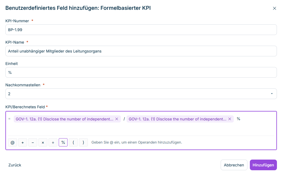 Der Formeleditor mit zwei Operanden, die durch einen Divisionsoperator verbunden sind, gefolgt vom Prozentoperator.