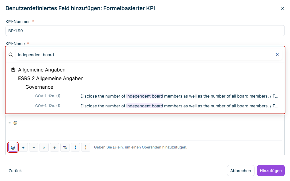 Der Operandenkatalog mit dem eingegebenen Suchbegriff 'independent board' und den hervorgehobenen Fundstellen im Fragetext.