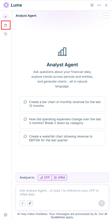 Shows the Analyst Agent landing screen in Lume, with its description and three example prompts ('Create a bar chart of monthly revenue for the last 12 months', 'How did operating expenses change over the last 3 months? Break it down by category.', 'Create a waterfall chart showing revenue to EBITDA for the last quarter'), and the 'Analyze in: CFP / xP&A' toggle above the message field. Highlighted in red is the Agents panel icon in the Lume sidebar.