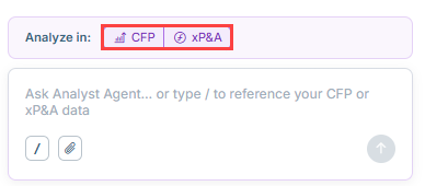 Shows the 'Analyze in' toggle in the Analyst Agent's message field, with the 'CFP' and 'xP&A' options highlighted in red.