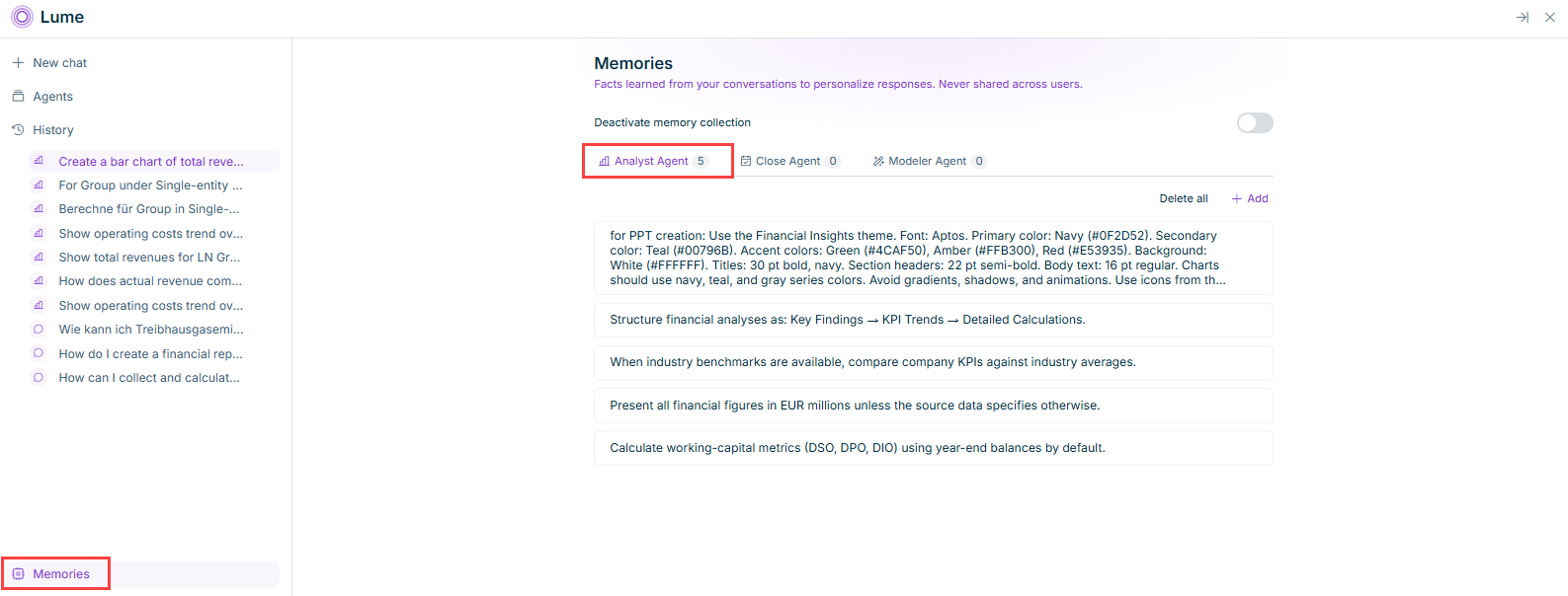 Shows the Memories panel in Lume, with the 'Memories' sidebar item, the 'Analyst Agent' tab (showing 5 memory entries), and the 'Deactivate memory collection' toggle all highlighted in red.