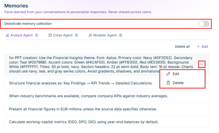 Shows the options menu for a single Analyst Agent memory entry in Lume, with the '...' options icon and the 'Edit' and 'Delete' actions highlighted in red.
