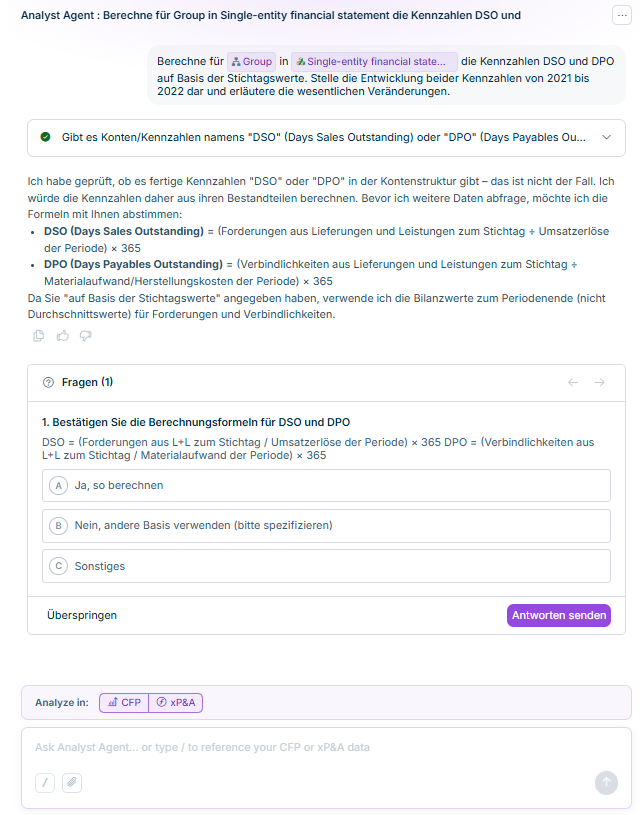 Eine Antwort des Analyst Agent mit der beantworteten Rückfrage, einer Datentabelle, einer vorgeschlagenen Anschlussfrage sowie den Symbolen zum Kopieren und Bewerten.