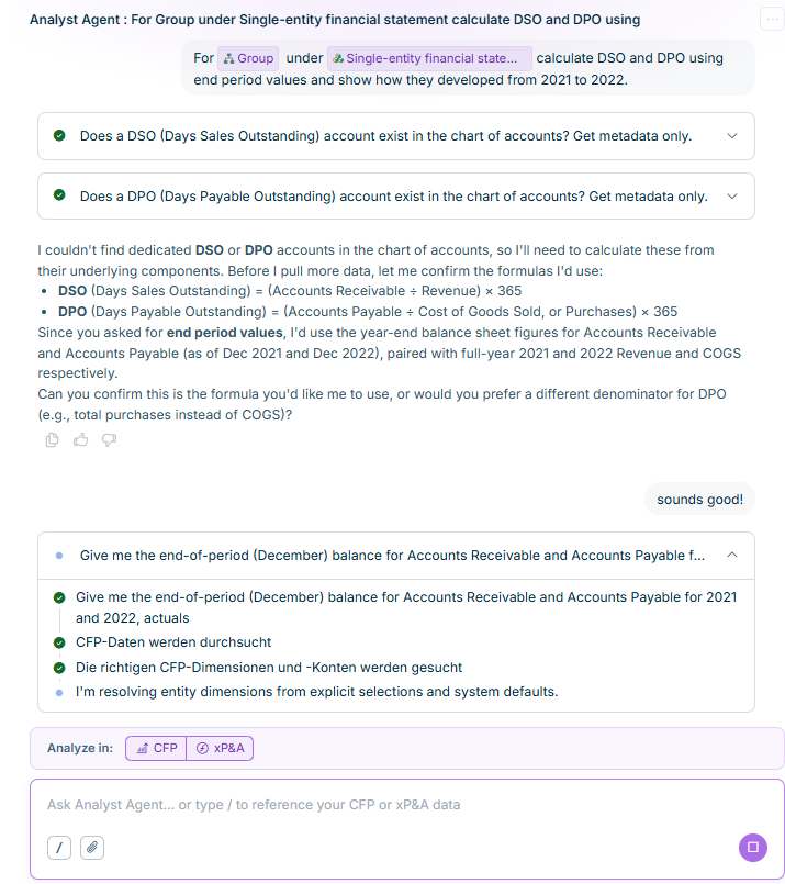 Shows an Analyst Agent chat response with a checklist of completed steps (checking whether dedicated DSO and DPO accounts exist in the chart of accounts), a clarifying question confirming the DSO and DPO formulas to use before continuing, the user's reply 'sounds good!', and further steps in progress retrieving CFP data and dimensions.
