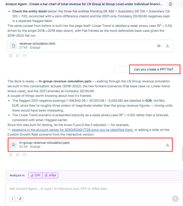 Shows an Analyst Agent chat response after the follow-up question 'can you create a PPT file?', with the generated file offered as a download: 'ln-group-revenue-simulation.pptx' (63 KB). Highlighted in red are the follow-up question and the downloadable PowerPoint file card.
