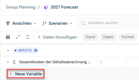 Zeigt den Abschnitt „INPUTS“ im Spreadsheet eines Modells in xP&A, mit der Schaltfläche „Neue Variable“ rot hervorgehoben am unteren Rand des Abschnitts.