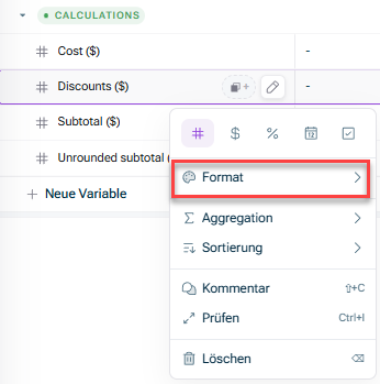 Zeigt das Kontextmenü der Variable „Discounts ($)“ in xP&A, mit der Option „Format“ rot hervorgehoben oberhalb der Optionen „Aggregation“ und „Sortierung“.