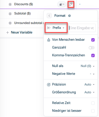 Zeigt das Kontextmenü einer Variable in xP&A mit rot hervorgehobenem Bearbeiten-Symbol und der rot hervorgehobenen Dropdown-Liste „Prefix“ im Bereich „Format“.