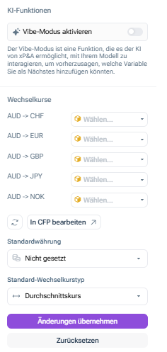 Zeigt die Währungsoptionen im Bereich „Modelleinstellungen“ von Lucanet xP&A, darunter den Abschnitt „Wechselkurse“ mit Währungsbeziehungen wie „AUD -> CHF“, den Link „In CFP bearbeiten“, das Feld „Standardwährung“ sowie die Dropdown-Liste „Standard-Wechselkurstyp“ mit der Option „Durchschnittskurs“.